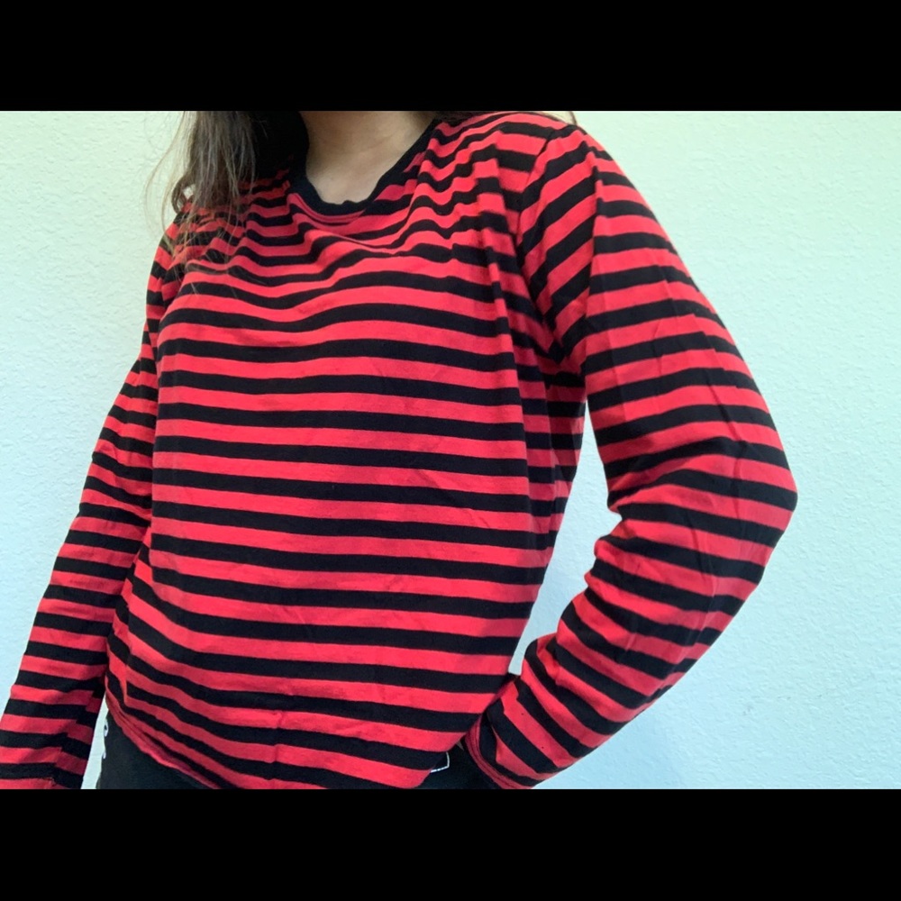 red and black striped long sleeve shirt